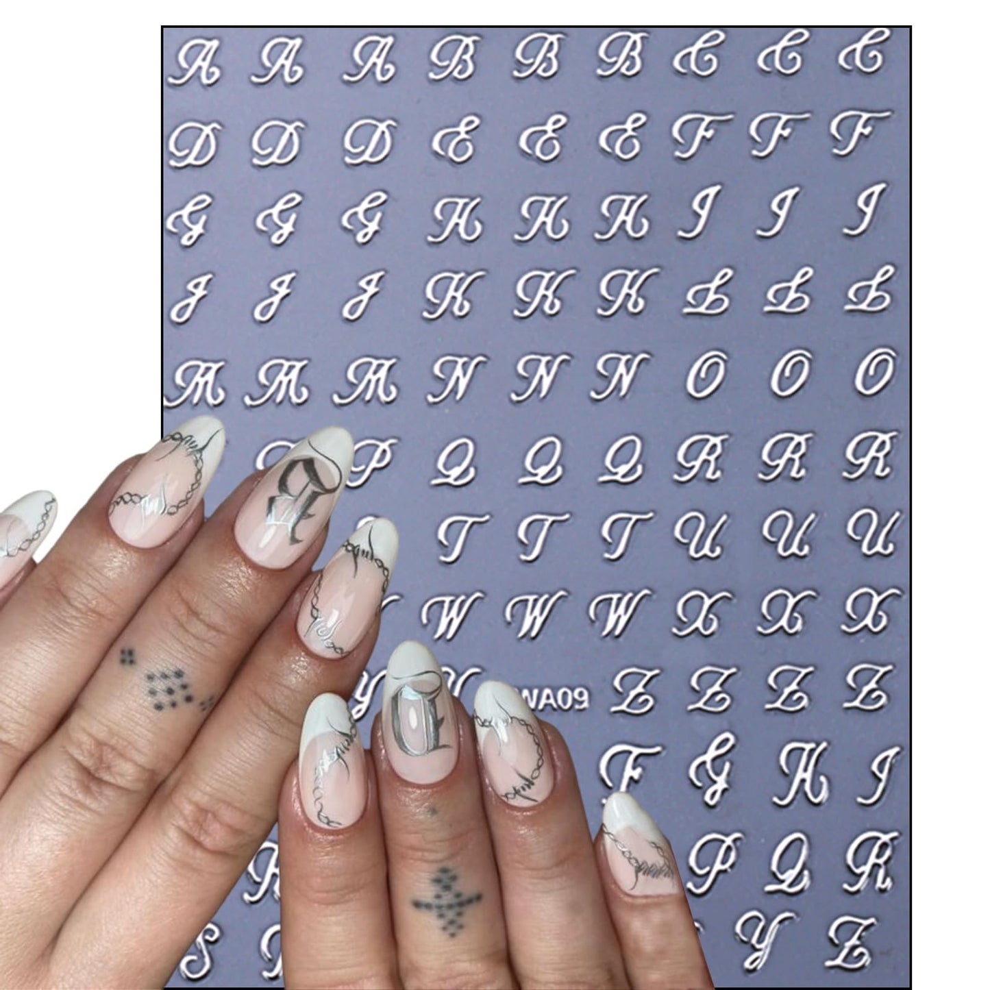 8 Sheets Old English Nail Sticker 3D Self-Adhesive Pegatinas Uñas Holographic Old English Letter Nail Decals White Black Gold Silver Nail Art Design Alphabet Nail Supplies Decorations for Women
