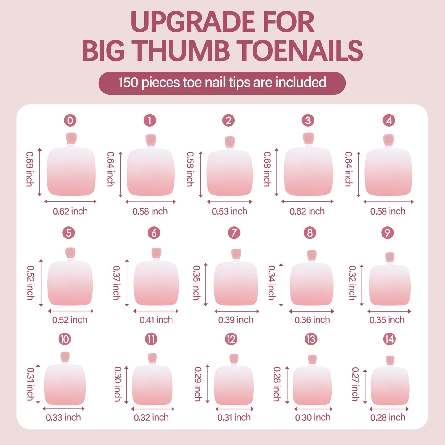 Vansiho 150 pcs French Tip Toe Nail Tips Press on, Pink Ombre French Tips Toenail Press on Square for Women, Soft Gel Fake Toe Nails, Acrylic Nails Soak off Toe Nail Home DIY 15 Sizes