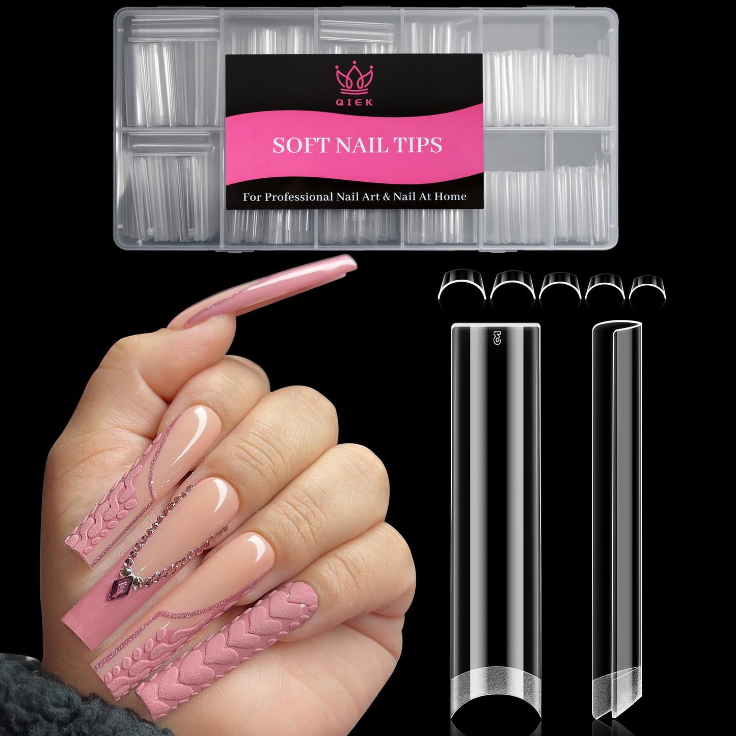 Qiek 480pcs Extra Long Square Half Cover Nail Tips, No-File Pre-Buffed Extension Nail Tip, 12 Sizes Clear Acrylic Press On Tips, Thin Back No C Curve for DIY Nail Extensions & Home Salon Beginners