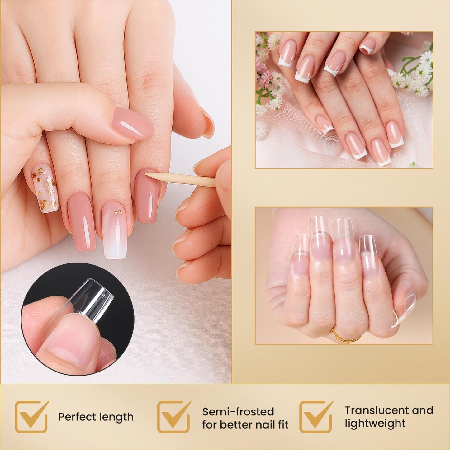 AORAEM Square Nail Tips, Pre-Shaped Clear Acrylic Fake Nails, Full Cover Half Matte Press On Nails for Home DIY Nail Salons, 600PCS Medium Square