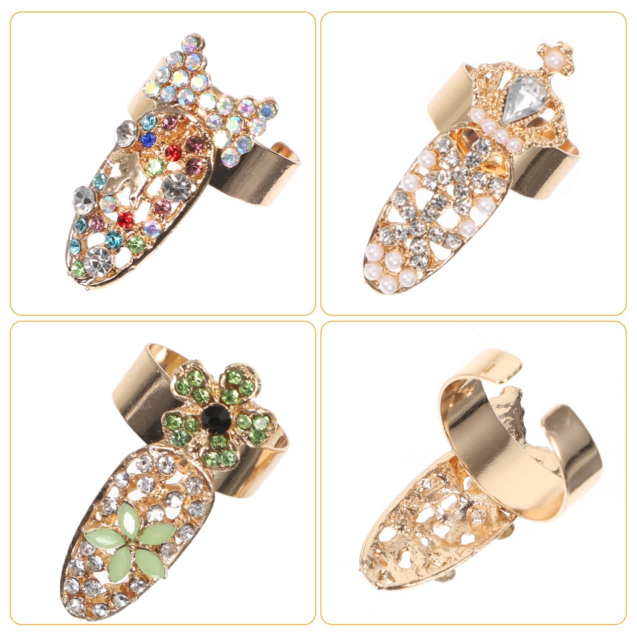 KALLORY 10pcs Ring Punk Full Finger for Flower Crystal Rings Nails Art Jewelries Opening Cap Fingernail Alloy Cover Halloween Christmas Nail Loop Girls Bow Tip Decoration
