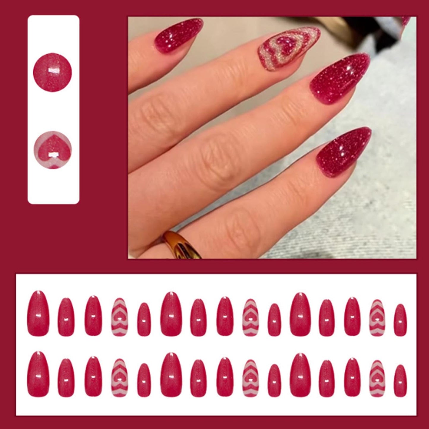 DANMANR Short Press on Nails Almond Fake Nails Full Cover Bling Acrylic Cat's Eye Burgundy False Nails for Women and Girls 30PCS