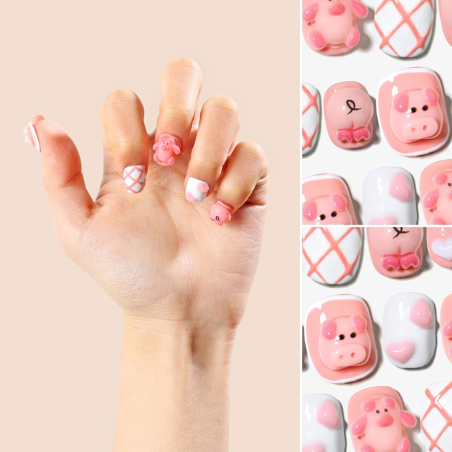 Sun&Beam Nails Handmade Press-on Short Square Round Pink White Pig Design Fashionable False Nail Tips 10 Pcs Set (#157 S)