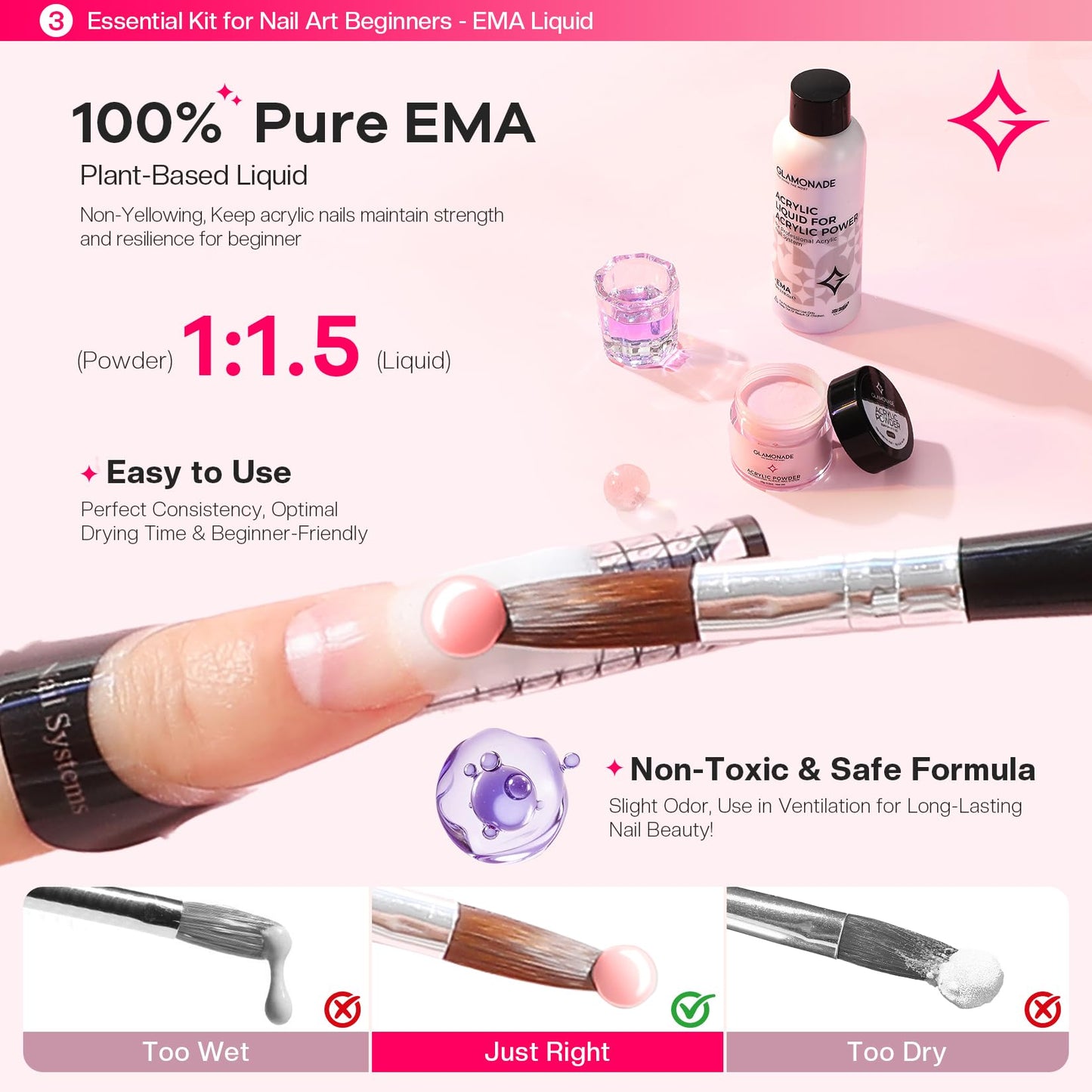 Glamonade Acrylic Nail Kit for Beginners: Professional Nail Set with Drill Acrylic Powder Gel Polish Nail Stamp for Home Starter Practice & DIY Manicure
