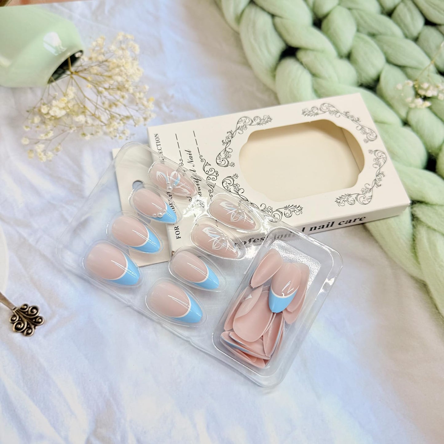 Blue French Press on Nails Medium Almond Fake Nails with Designs Cute Flower Stick on Nail Spring Summer Acrylic False Nail Pearl Artificial Nail Glossy Full Cover Glue on Nails for Women
