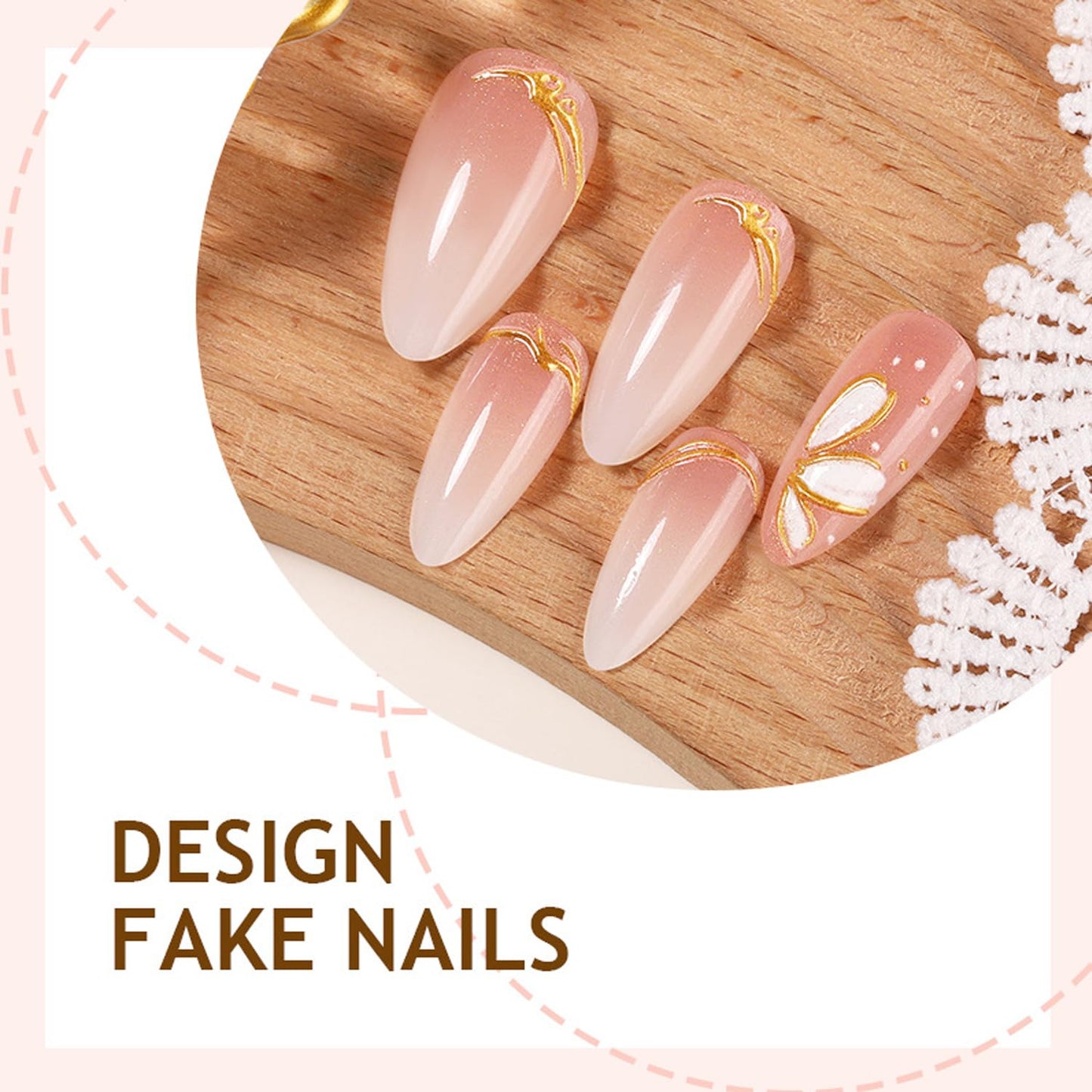 24Pcs White Flower Press on Nails Medium Length Almond Fake Nails Press on Floral Petals Design Gilded Line False Nails Pink Gradient Full Cover Chrome Gold Glossy Artificial Acrylic Nails for Women