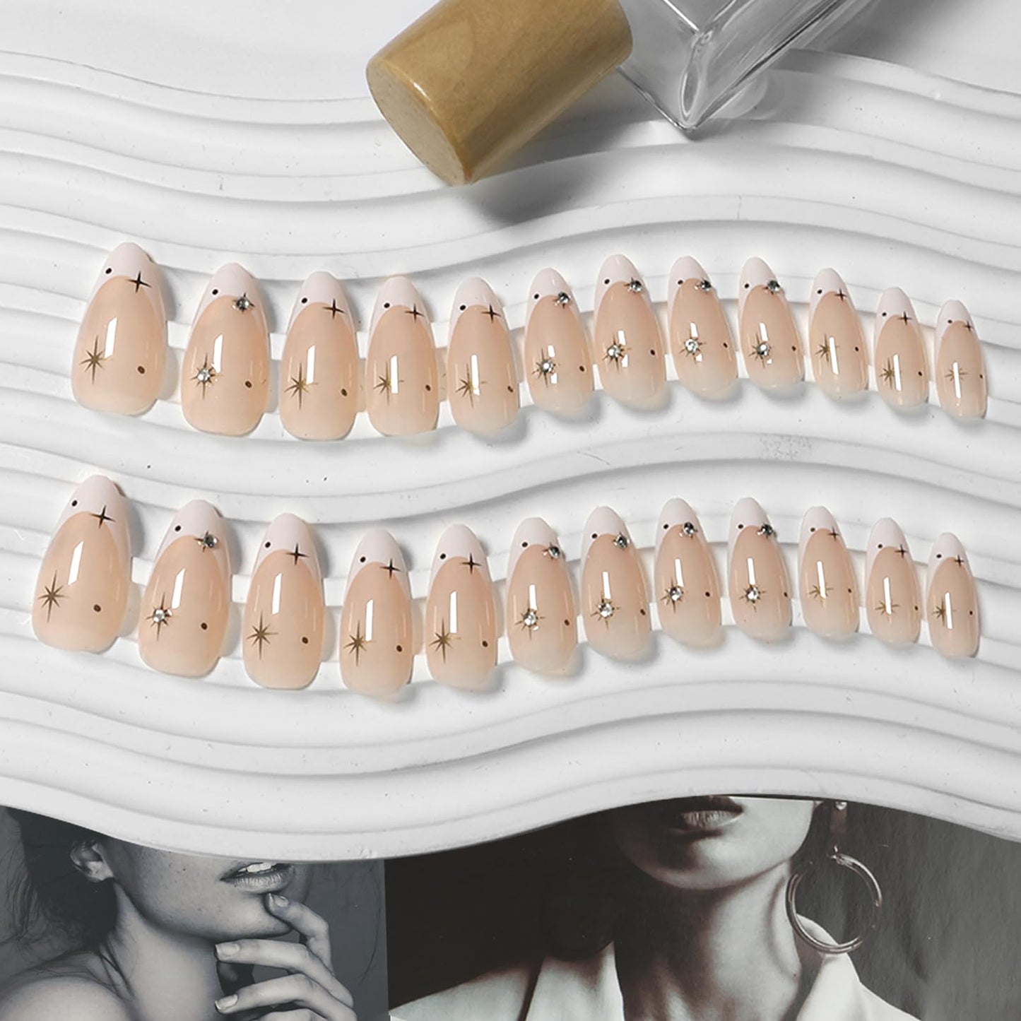 VOTACOS White French Tip Press on Nails Almond Medium Nude Acrylic Fake Nails Press Ons with Designs Golden Star Pot Rhinestone Glue on Nail for Women 24PCS Reusable Artificial Stick on False Nail