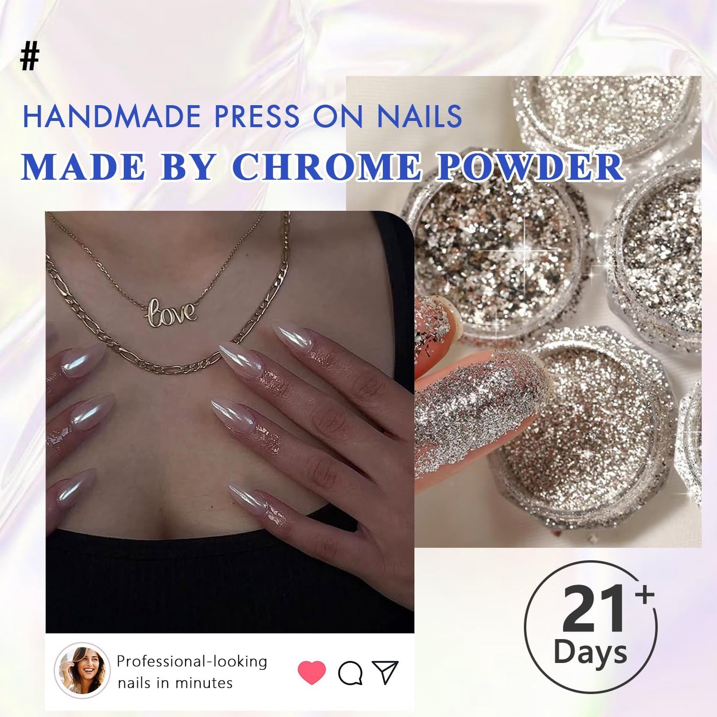 Chrome Press On Medium Almond - KQueenest Glitter White Press On Nails, Sparkle Gel Fake Nails Press on with Mirror Effect, Shinny Glitter Glue on Nails Stiletto, Reusable Stick On Nails for Women