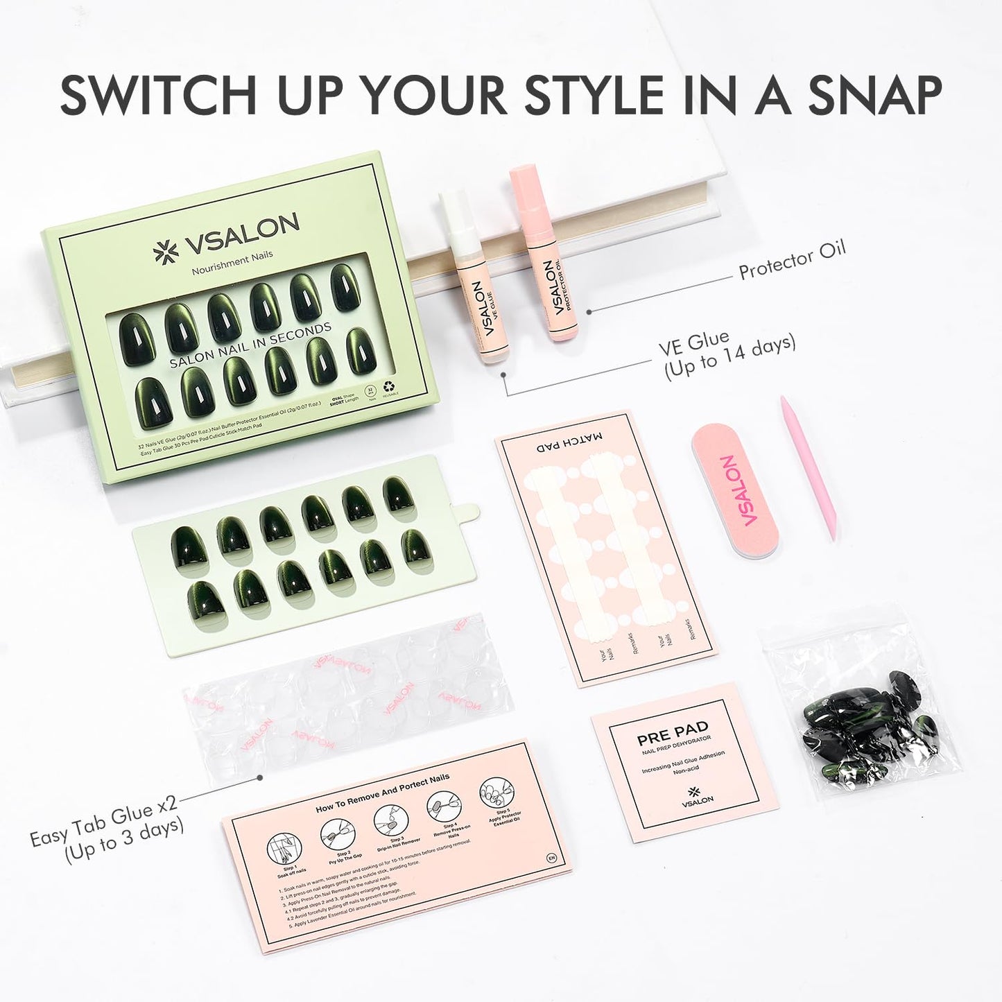 VSALON Press on Nails Short Oval - Dark Green Cat Eye Holographic Glitter Spring Fake Nails, Reusable Opaque Gel Glue on Nails with Glue & Cuticle Oil - 32 PCS Stick on Nails in 16