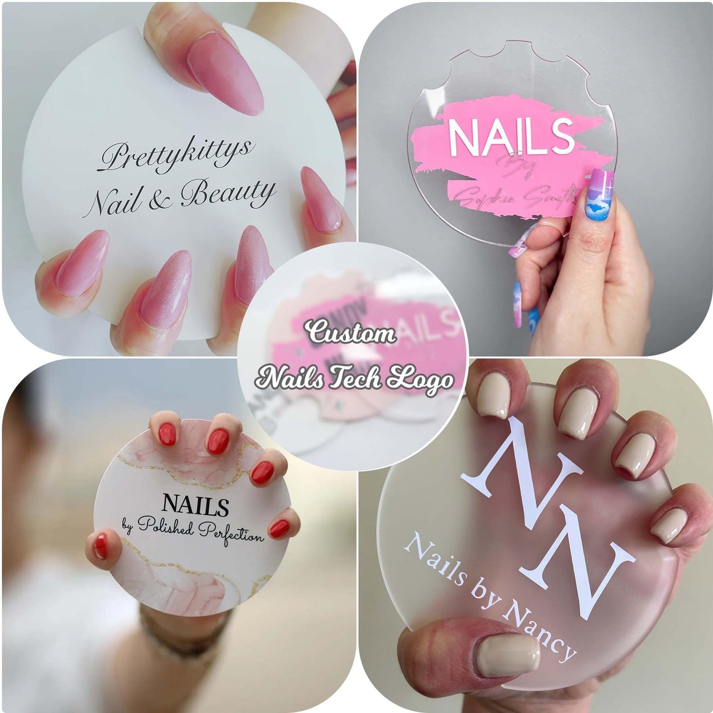 zyinoant 2Pcs Custom Nail Picture Props Personalized Logo Nail Tech Decor Acrylic Nailfie Disk with Social Media Salon Nail Display Stand Nail Polish Display Gifts for Nail Artist (Round)