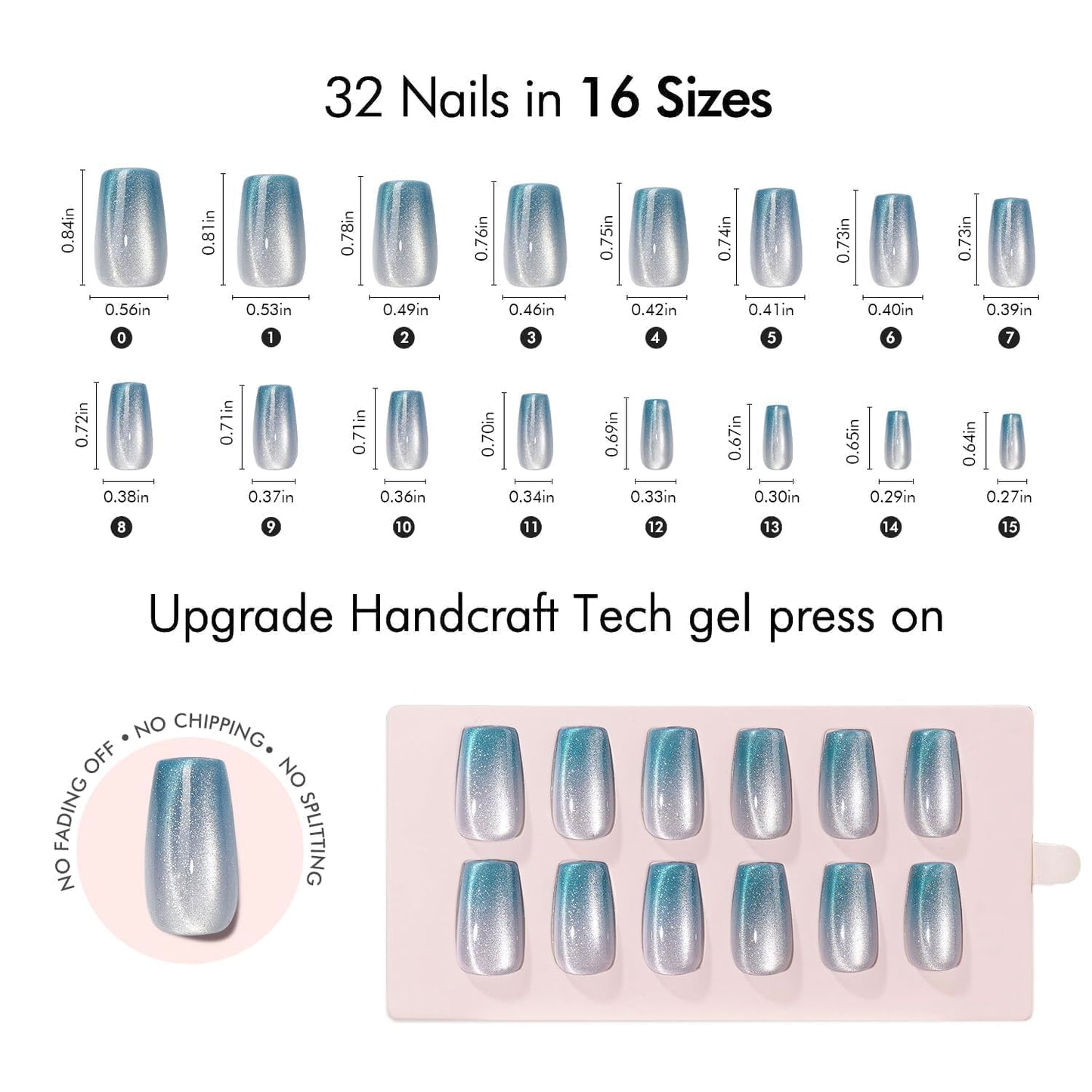 VSALON Coffin Medium Press on Nails, Icy Blue Ombre Summer Cat Eye Glossy Chrome Shimmer Fake Nails, Reusable Soft Gel Semi-Transparent Glue on Nails, 32 Pcs in 16 Sizes Kits with Glue & Cuticle Oil