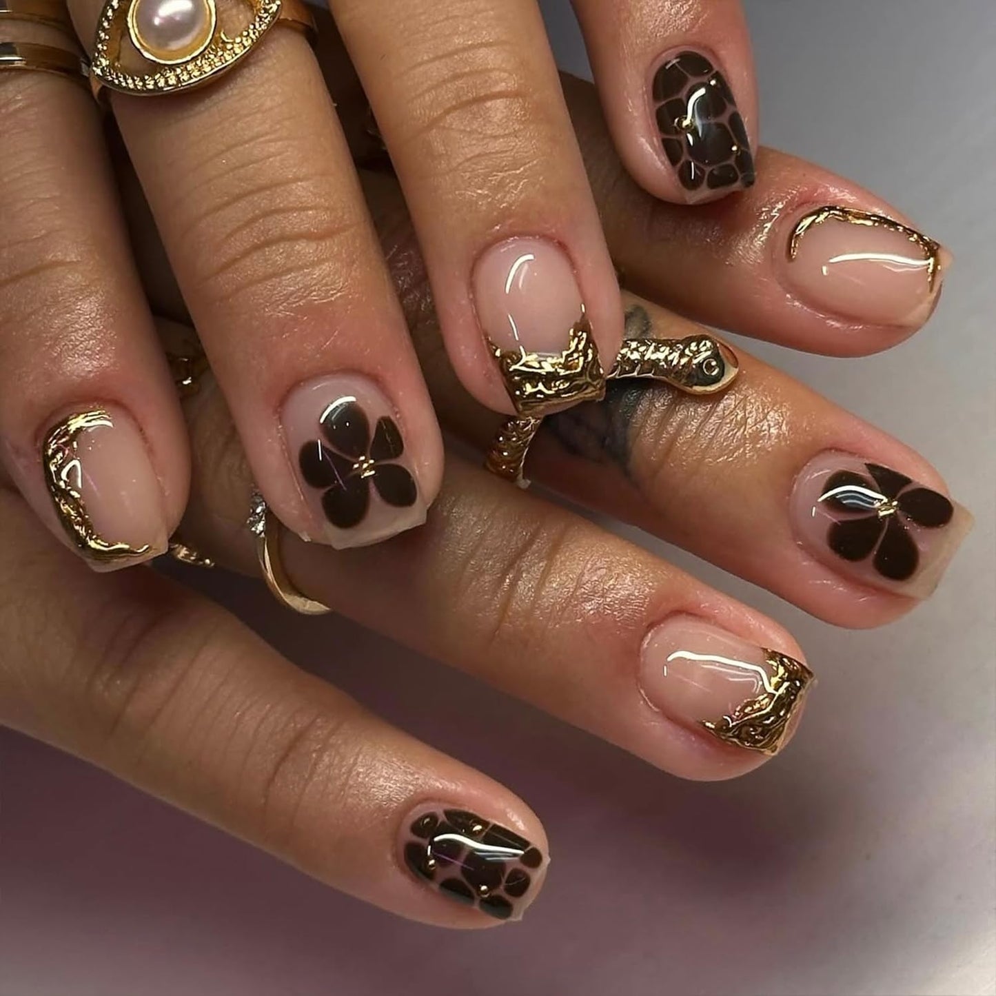 Gold French Tip Press on Nails Short Square Fake Nails with Flower Leopard 3D Designs Floral Glue on Nail Reusable Artificial Acrylic Extra Short Full Cover Stick on Nail for Luxury Women 24 Pcs