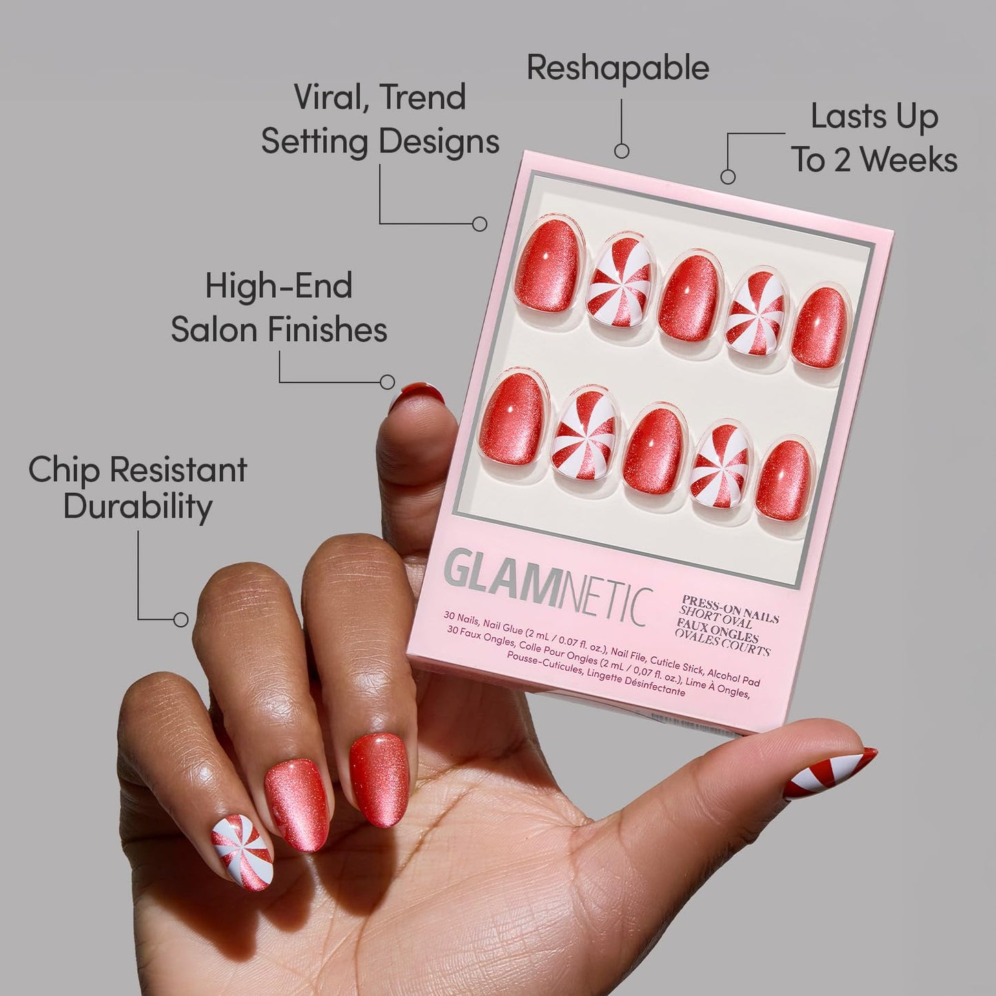 Glamnetic Press-On Nails Bundle - Candy Crush & Snow Bunny | Short Oval Fake Nails with Candy Cane Swirl Design and Velvet Finish | Pale Blue Short Almond Fake Nails with French Tips & 3D Snowflake De