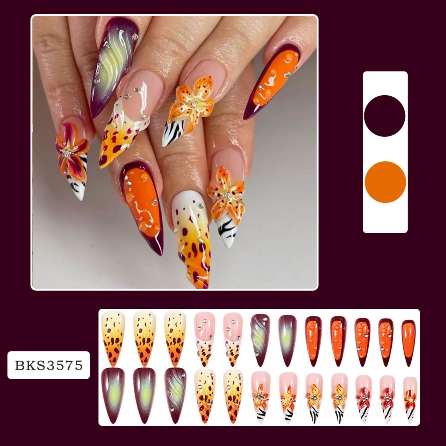 Long Press on Nails Almond Fake Nails Orange Artificial Nail 3D Floral Designs Rhinestones Stick on Nail for Women 24pcs