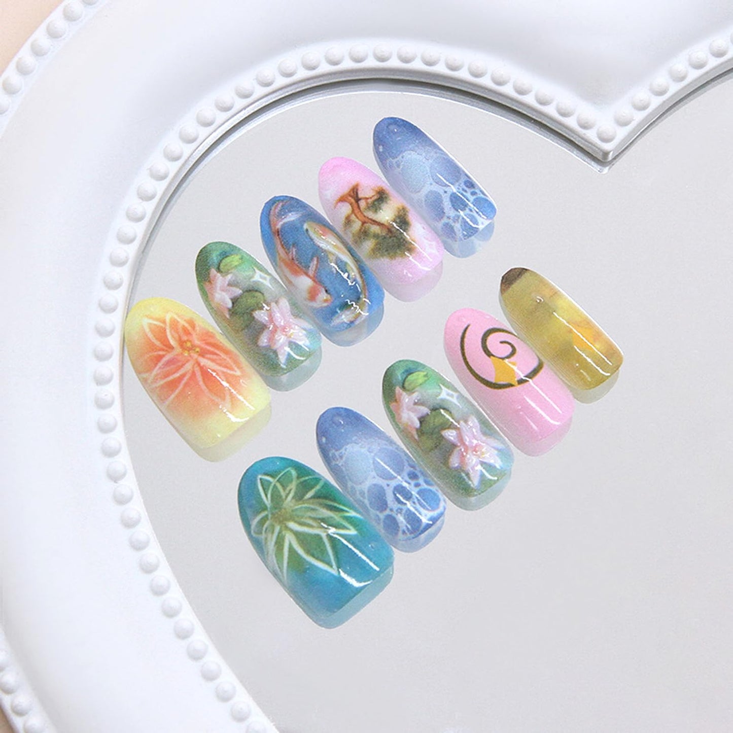 24Pcs Green Press on Nails Medium Almond Fake Nails with Lotus and Lucky Koi Design, Glossy Full Cover Stick on Nails Wearable Spring Summer Ins Fake Nail Tips for Women DIY Manicure Daily Wear