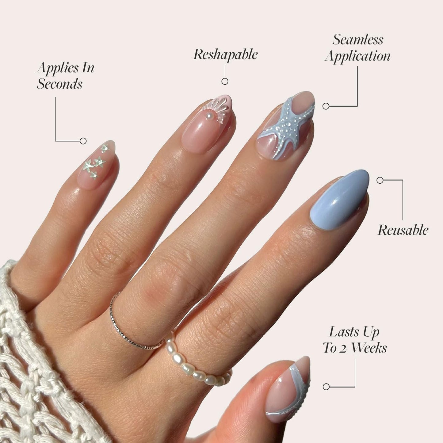 Glamnetic Press-On Nails Bundle - Salty Waves & Think Pink | Short Almond Starfish Fake Nails with 3D Nail Art | Light Pastel Pink Short Oval Fake Nails | Reusable, Salon-Quality Nail Kits
