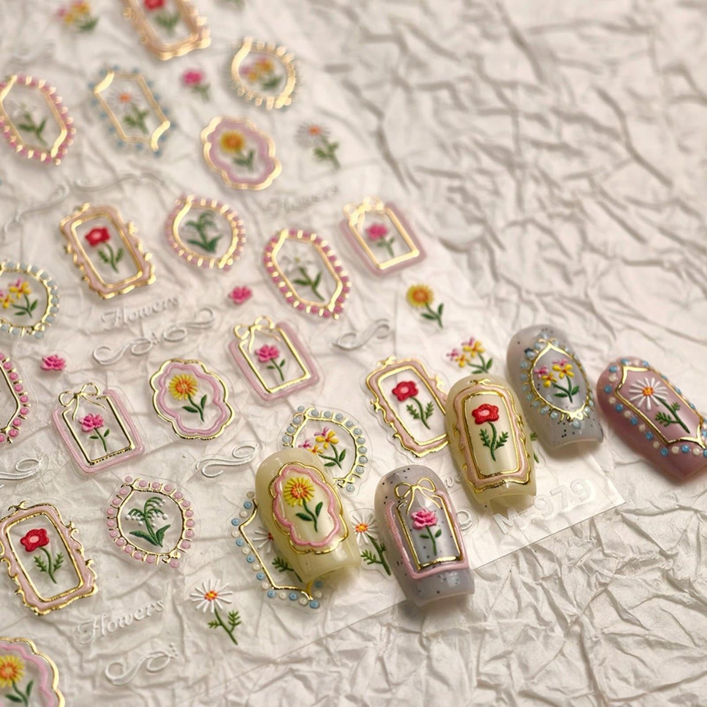 5D Embossed Flower Nail Stickers Irregular Geometric Frames Nail Designs Gold Hollow Designs Nail Decals Dasiy Rose 3D Self-Adhesive Summer Nails Art Decoration for Women DIY 1 Sheet