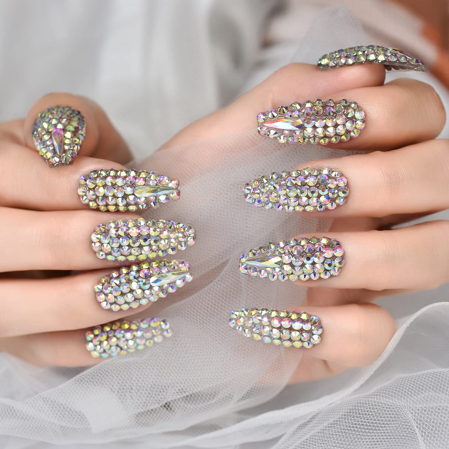 ELEVENAIL 24pcs Luxurious 3D Crystal Press on Nails Long Coffin False Nails Salon DIY Manicure Reusable Fake Acrylic Diamonds Handmade Nail Art Tips Gifts for Women Girls