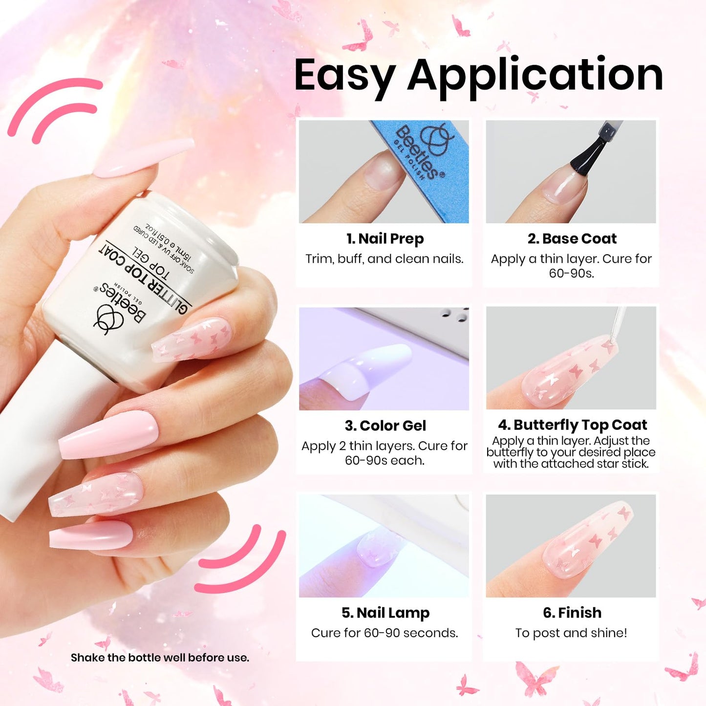 Beetles Butterfly Gel Top Coat 15ml - Floral Sprite Pink Butterfly Glitter Shine No Wipe Top Coat Long-Lasting for Gel Polish Sparkle Soak Off UV LED for Women
