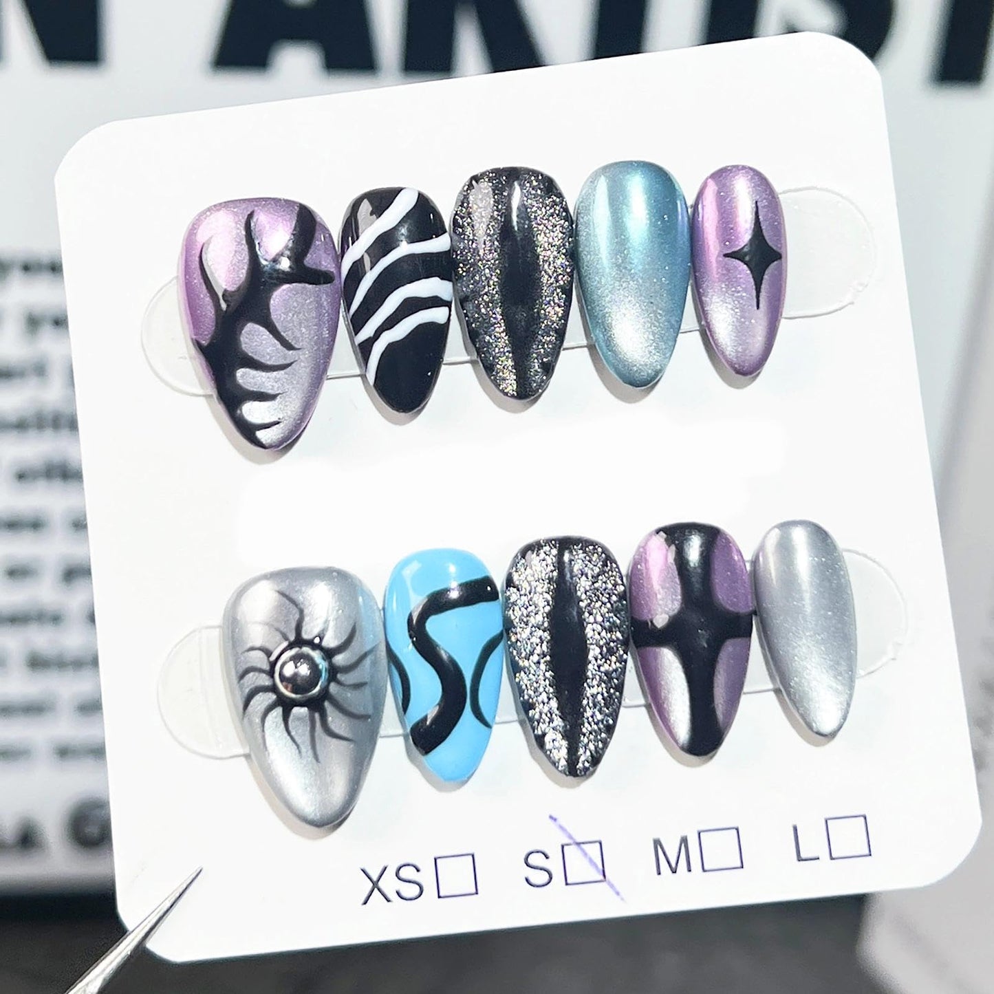 Handmade 3D Dark Mystic Oval Press On Nails, Multi-Color Stream Star Artisan Nails Set, Reusable Glossy Press-ons with Tool Kit(M)