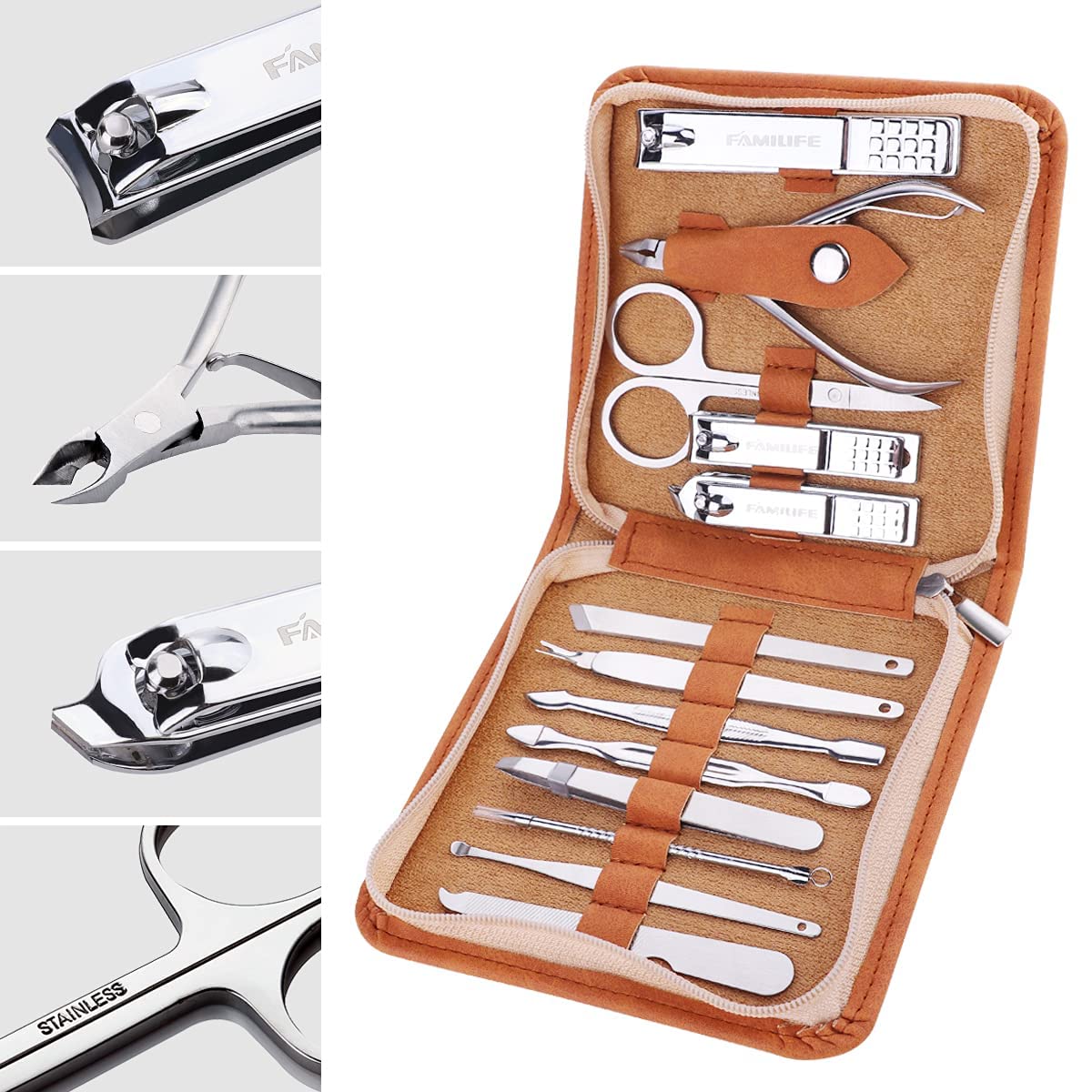 FAMILIFE F03 13pcs Manicure Set and L07 100% Stainless Steel Ingrown Toenail File and Lifter Double Sided with Storage Case (Ingrown Toenail File)
