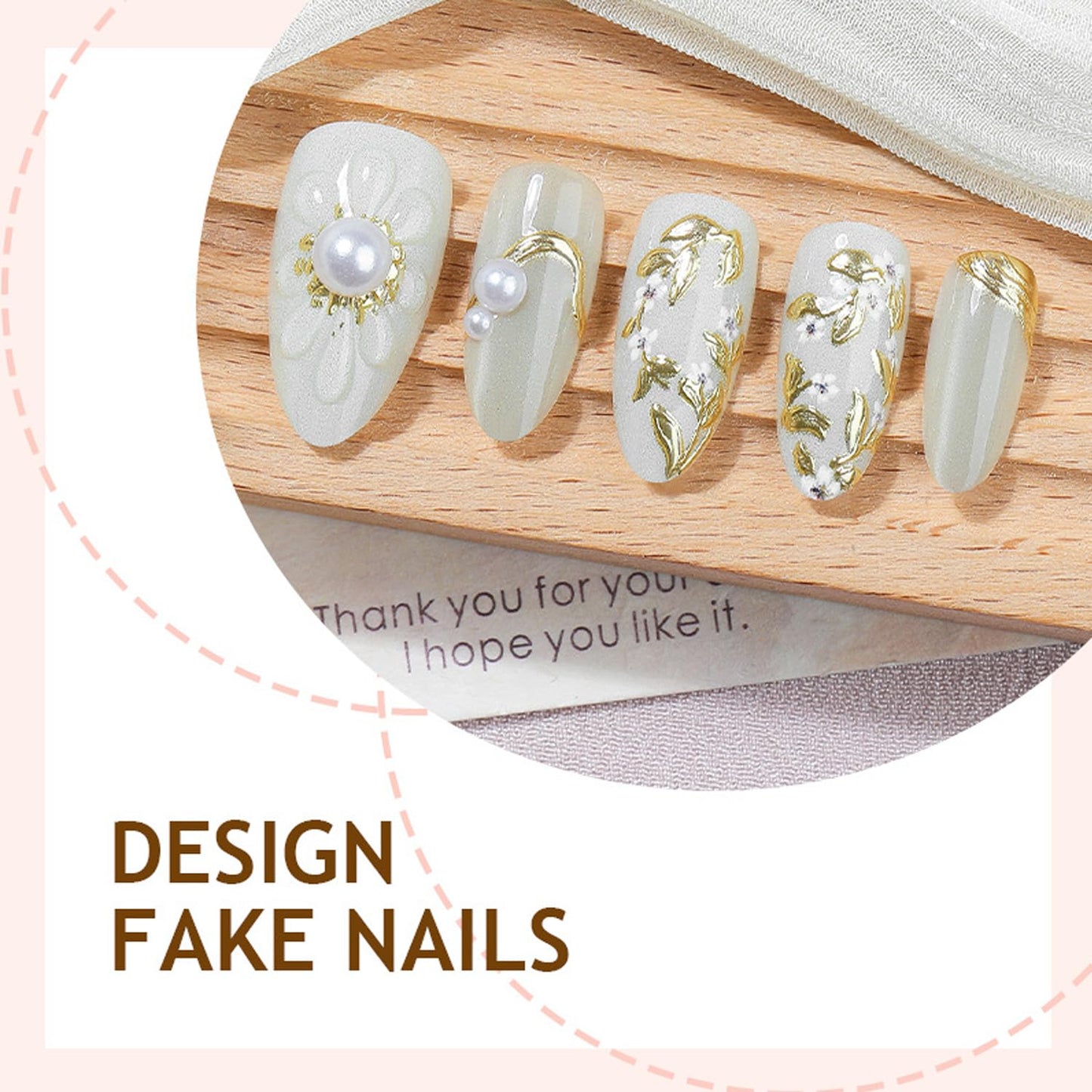 30Pcs White Flower Press on Nails Almond Handmade False Nails Kit French Tip Fake Nails with Gold Leaf Floral Line Design Pearl Charm Exquisite Medium Fasle Nails Press ons DIY Manicure for Women