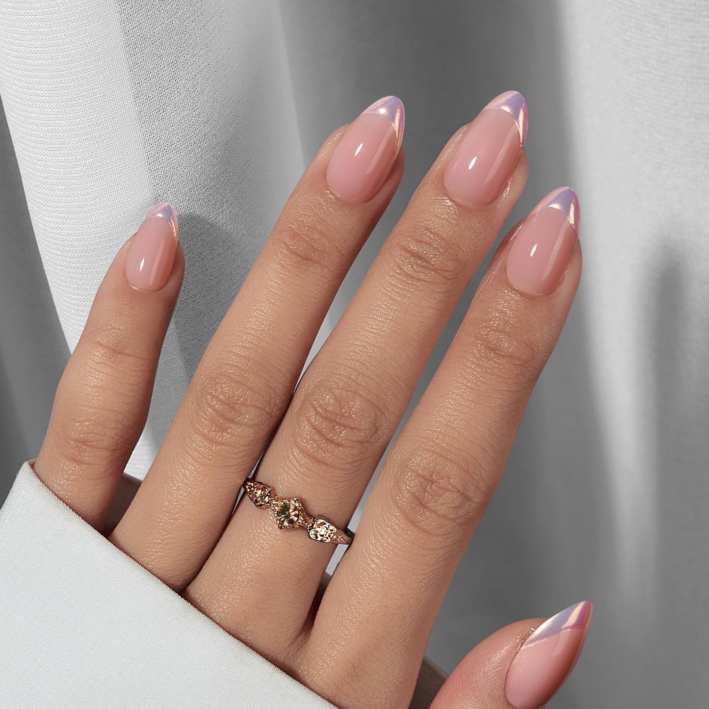 BTArtbox Almond Press On Nails - French Tip Press On Nails, Supremely Fit & Natural Glue On Nails with Nail Glue, Reusable Stick On Nails Soft Gel Fake Nails Kit, Morning Coffee & Dazzling Pink