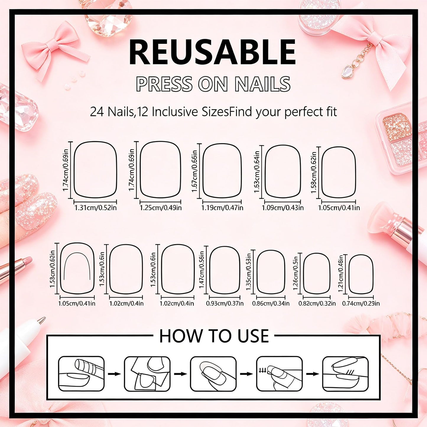Short Square Press On Nails White French Tip Nude Glossy Fake Nails Sparkly Glitter False Nails Reusable Acrylic Stick On Nails for Women Daily Home Office, 24 Manicure Kit with Adhesive Tabs
