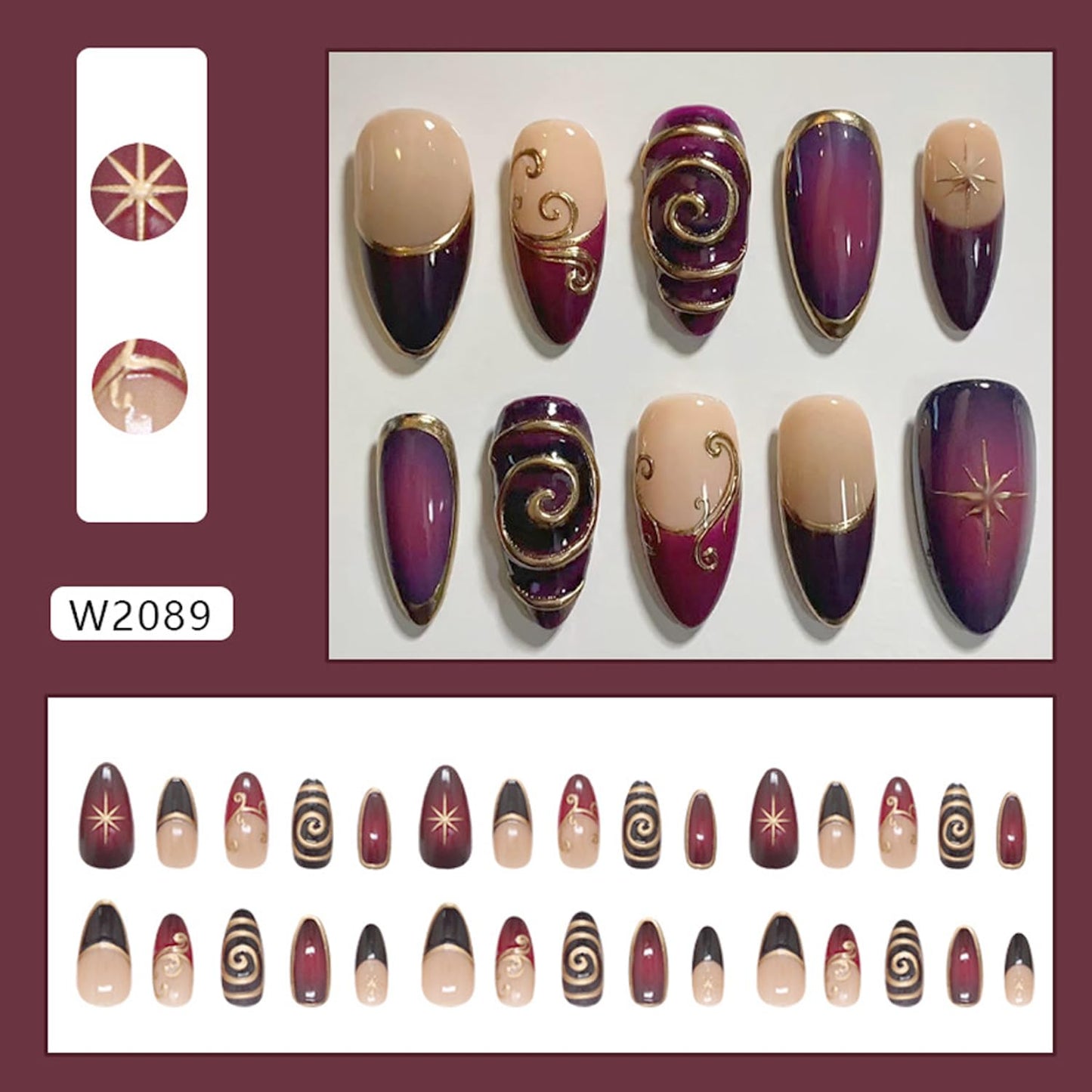 24Pcs French Tip Press on Nails Medium Almond with Irregular 3D Gold Line Purple Night Starlight Design French Style Manicure Glossy False Nails Full Cover Artificial Glue on Stick on Nails for Women