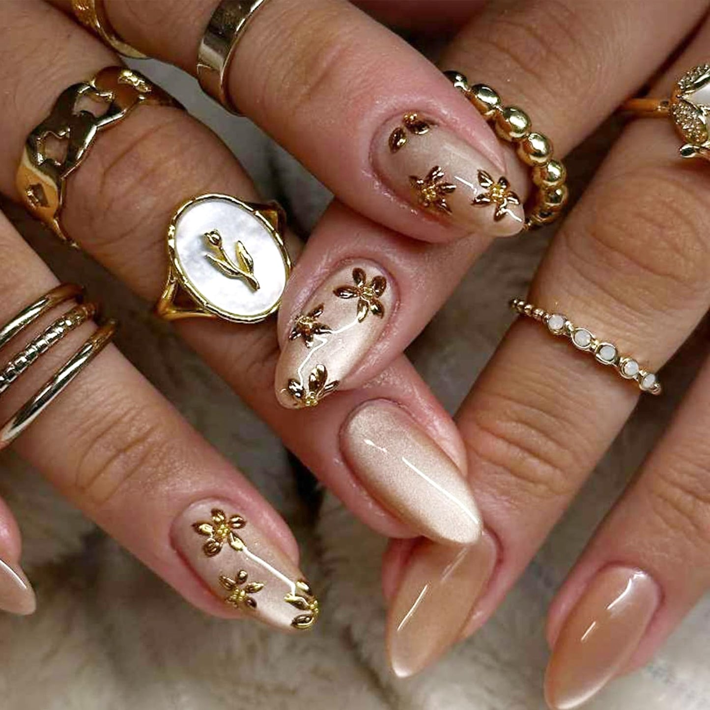 Almond Press on Nails Medium Fake Nails with Designs Gold Flower Stick on Nail Glitter Acrylic False Nail Cute Artificial Nail Press ons Glossy Full Cover Glue on Nails for Women 24Pcs