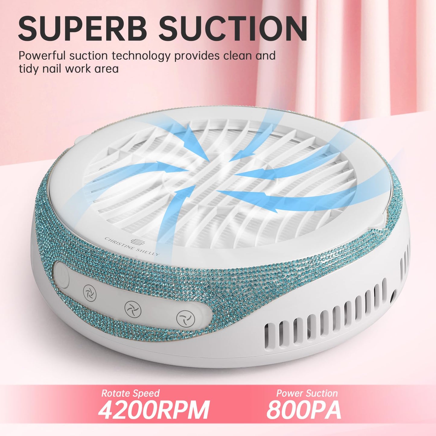 CHRISTINE SHELLY Nail Dust Collector, Cordless Dust Collector Nail Tech, Powerful Vacuum Fan Vent Dust Collector Extractor Dust Suction Machine for Acrylic Nails Polishing, Low Noise, Nail Salon&Home