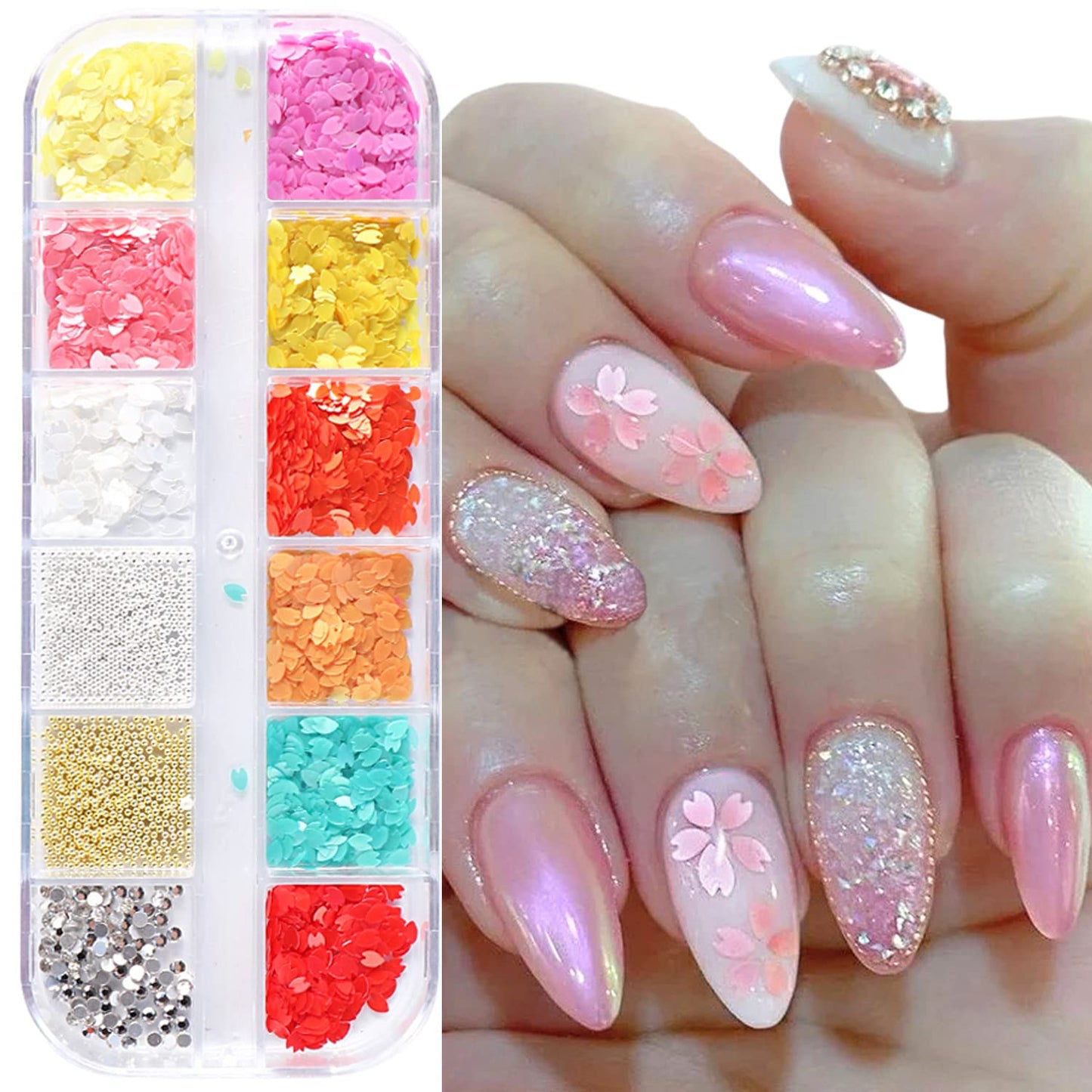 Cherry Petals Glitter, Mixed Flower Beads Rhinestone Decoration Floral Acrylic Nails Designs for Women and Girls Manicure