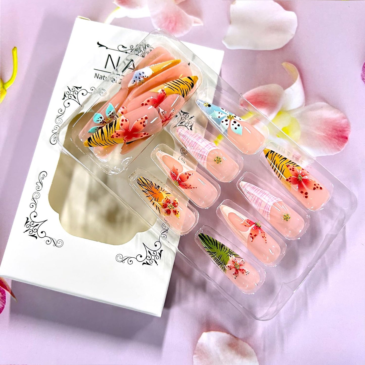 Colorful Flower Press on Nails Long Artificial Acrylic Fake Nails French Leopard Print Gradient 3D Floral Reusable Almond Coffin Stick on Nail Full Cover Gold Beads Artificial Fingernails for Women