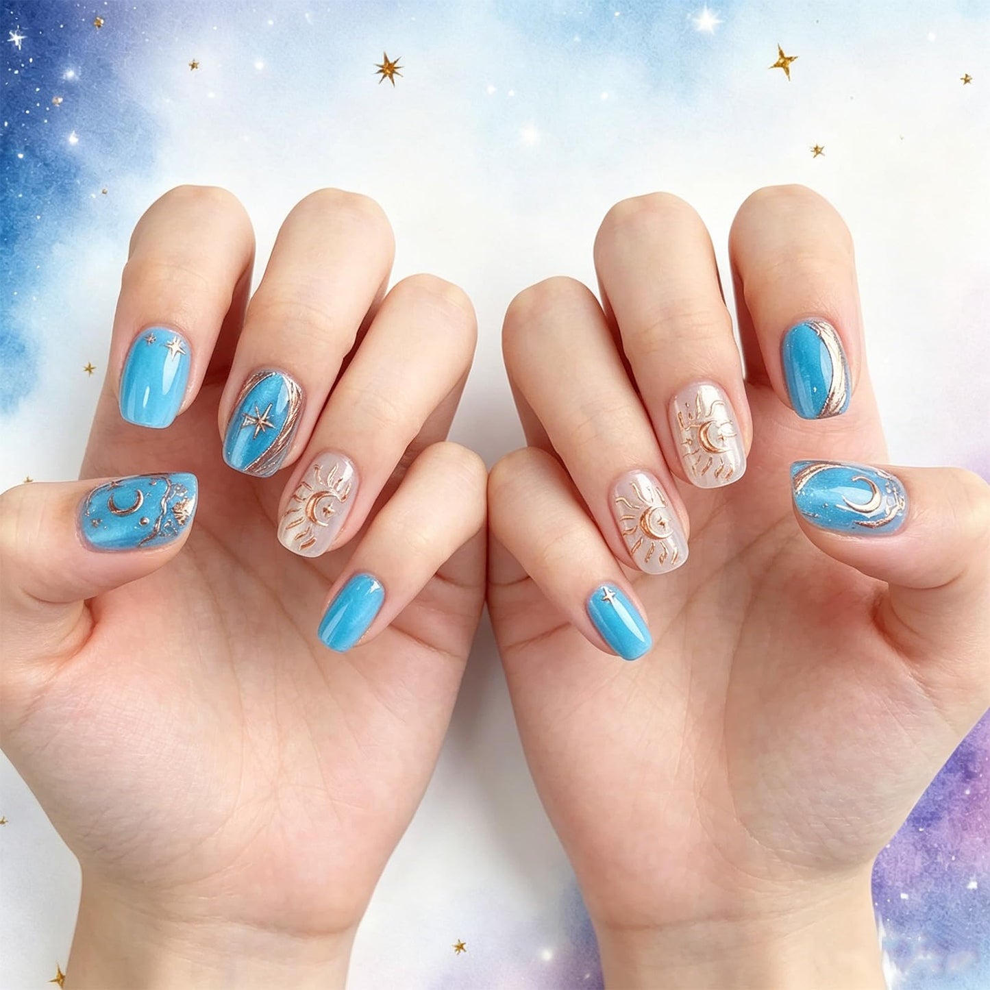 3D Moon Star Press on Nails with Celestial Design Glossy Gold Fake Nail Sparkly Blue Short Square False Nails Starry Sky Glue on Artificial Fingernails Summer Stick on Nail for Women Daily Wear