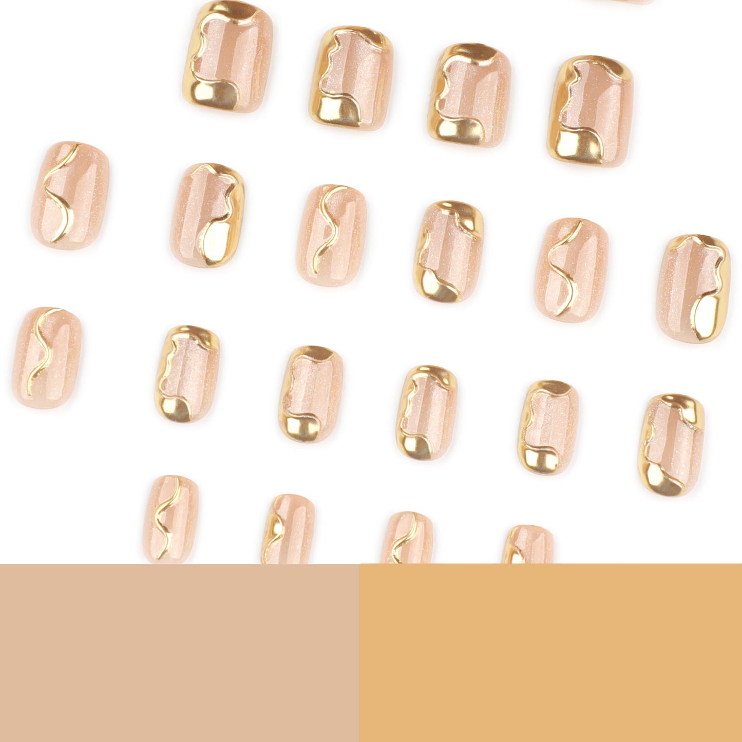 Glossy Nude Gold Swirl Press on Nails Short, Shimmer French False Nails with Metallic Wave Design, Elegant Cat Eye Nude for Women, Salon Style Reusable Acrylic Nails 24PCS