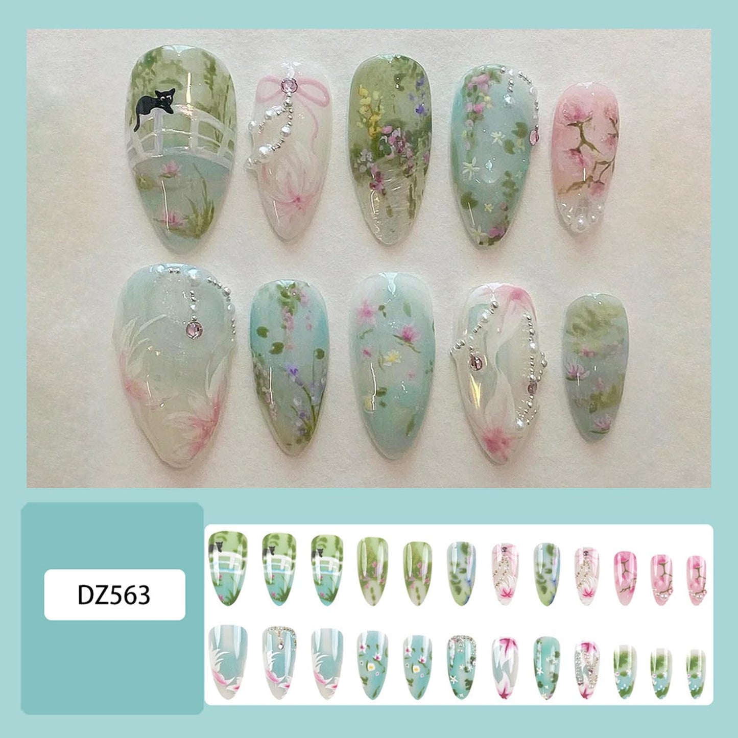 30Pcs Green Flower Press on Nails Medium Almond Fake Nails with Pearl Rhinestones Designs Cute Cat False Nails Bow Stick on Nail Flowers Pastoral Acrylic Nails Glue on Nail for Women Daily Wear
