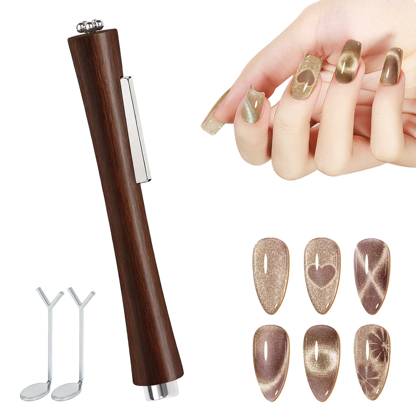 Caubuey 4 in 1 Cat Eye Nail Magnet Stick with Heart Shaped Tool, Multifunctional Magnetic Nail Pen for Gel Polish — 3D Cat Eye Magnet for DIY Nail Art, Manicure, Salon, Studio Use (Brown)