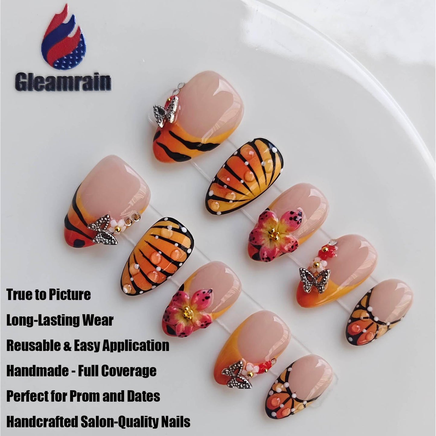 Gleamrain Handmade Press on Nails Almond Shape M Size/Gleamrain Luxury Medium Hand Made Nails with Design for Women 10Pcs by P12