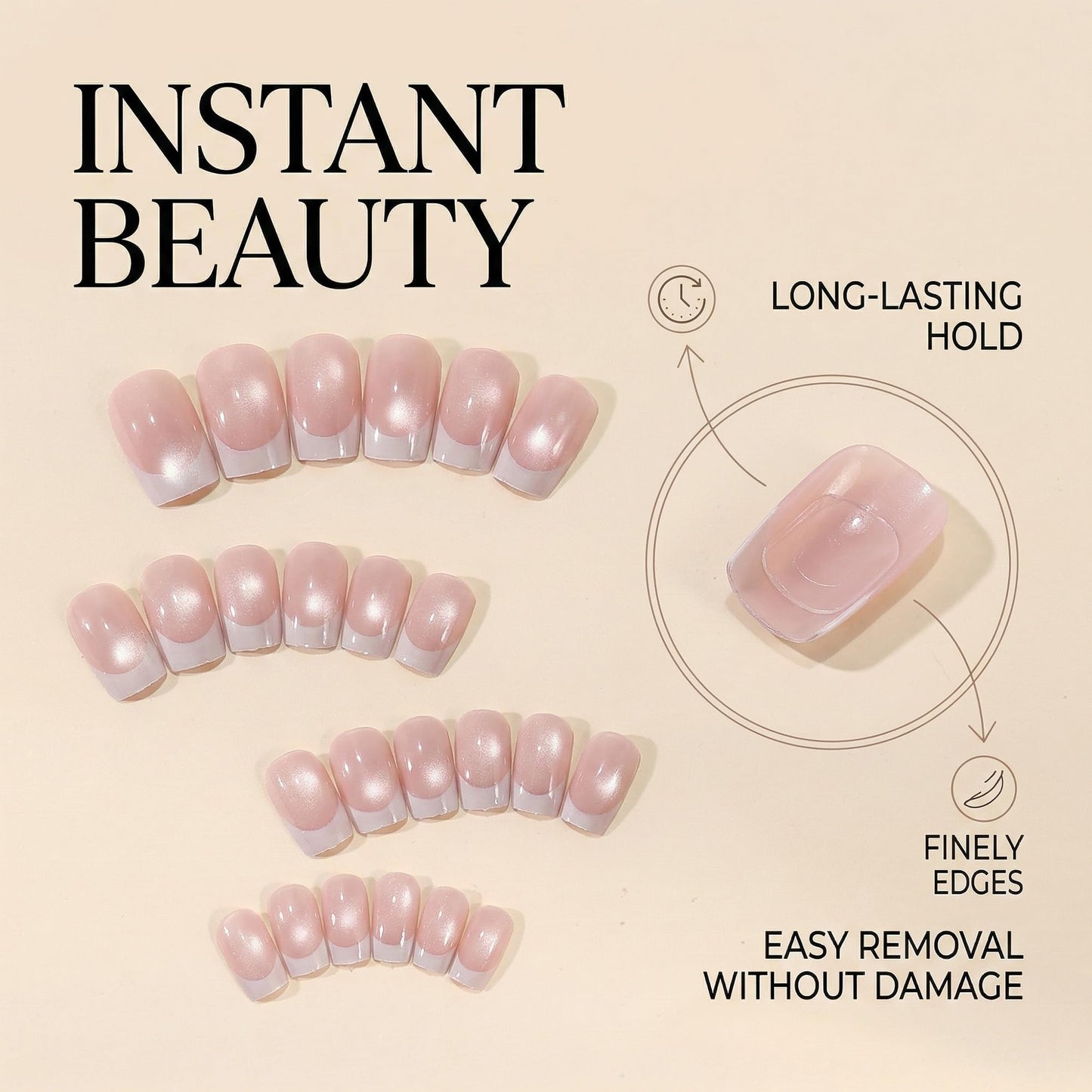 Taoyisent Cat Eye Press on Nails 24PCS Nude Pink French Tip Soft Gel Nails Short Square Glossy Magnetic Effect Fake Nails Reusable Full Cover Stick on Nails Kit