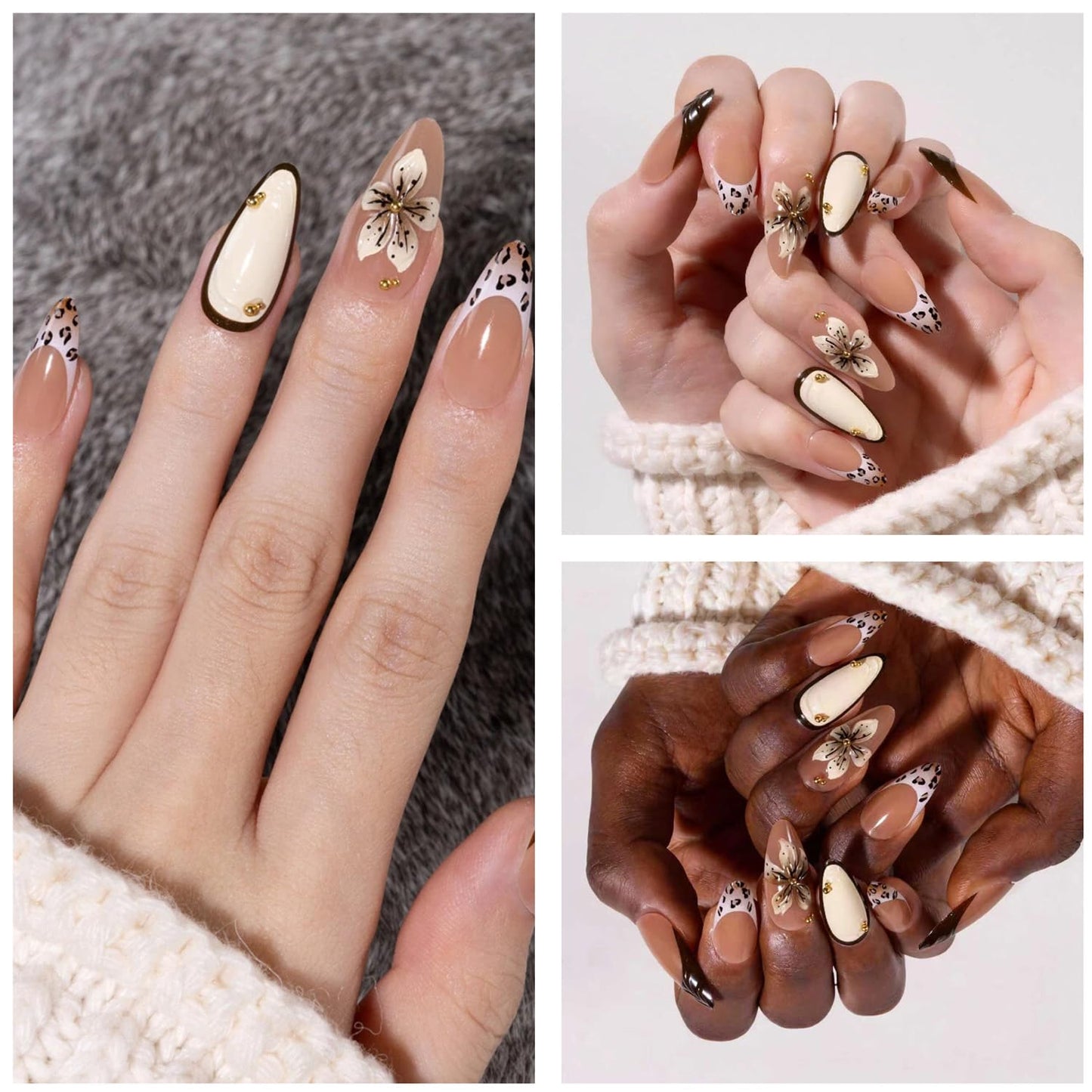 Elegant Nude Press-On Nails with Floral Design and Leopard Print French Tips, High-Gloss Salon-Quality False Nails Kit for Women, Durable, Comfortable, Easy Application, 24 Pcs Set