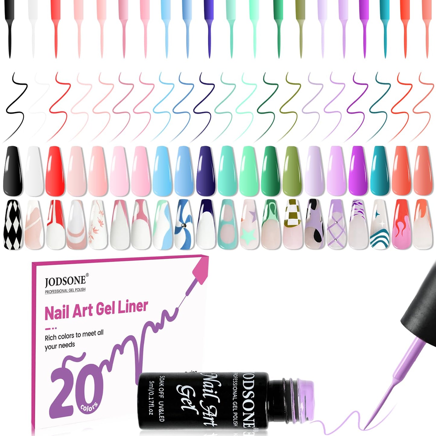 JODSONE Gel Polish Nail Art Gel Liner Set 20 Colors Red Pink Blue Purple with Thin Brush Need U V Lamp Cured Gift for Girls at Home Salon Design,Valentines Gifts for Women