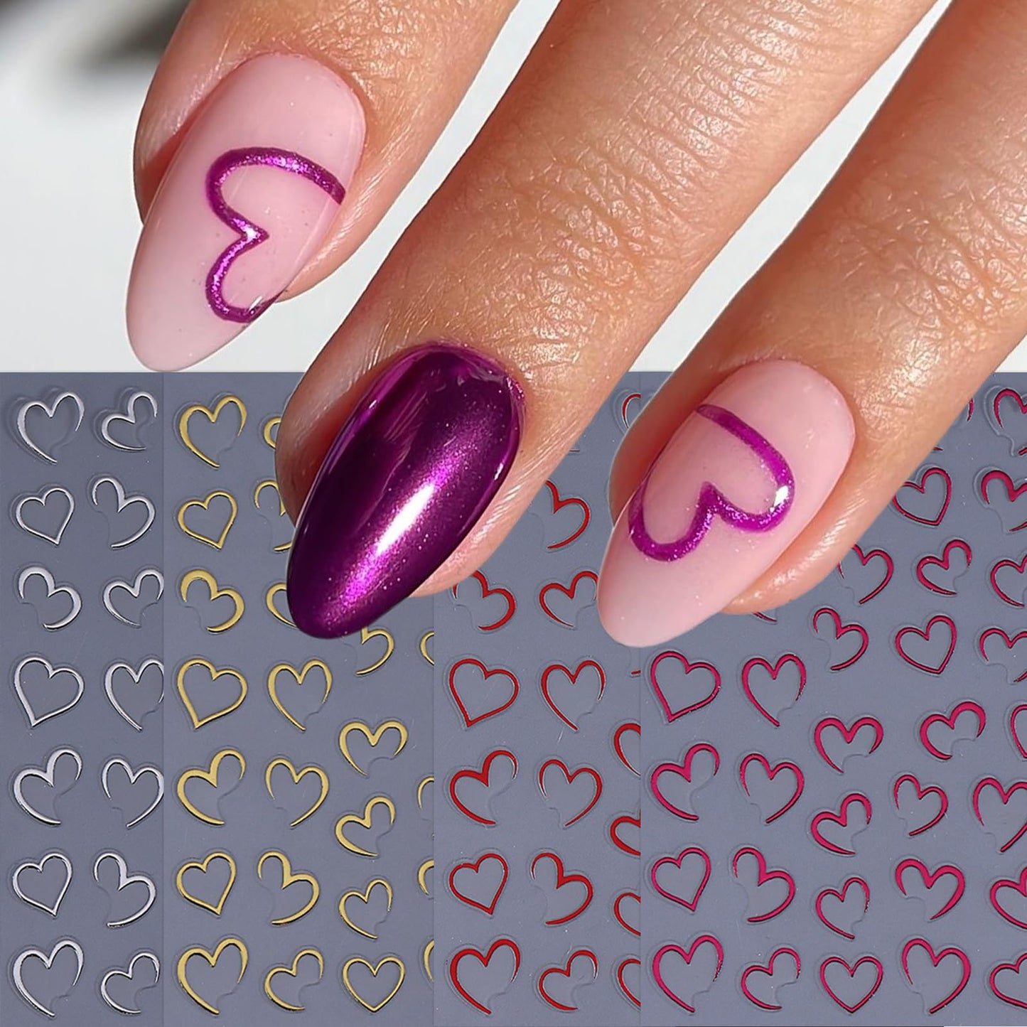 8 Sheets Heart Nail Art Stickers Valentines 3D Self-Adhesive Nail Decals Red Silver Gold Hollow Hearts Nail Design Heart Acrylic Decoration DIY for Women Manicure Supplies Decorations Accessories