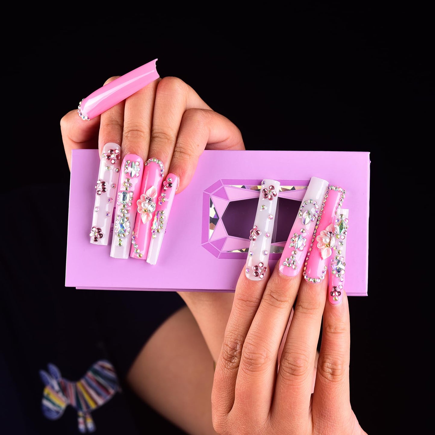 Tmani 10pc/set Extra Long Handmade Press On Nail Hot Girl's Long Ballet Nails Square Nail Full of Diamond Glitter Decoration Fake Nails Suitable For Girls Festival Parties and Birthday Gift (150,M)