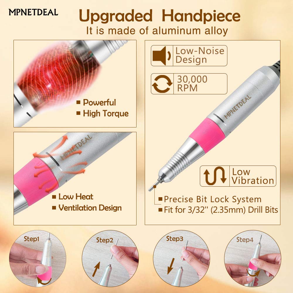 MPNETDEAL Electric Nail Drill Efile Professional Nail Drill Machine 30000RPM Tools for Acrylics Nails Natural Nails with Foot Pedal Ideal for Gel Nail at Home use or Nail Salon (Pink)
