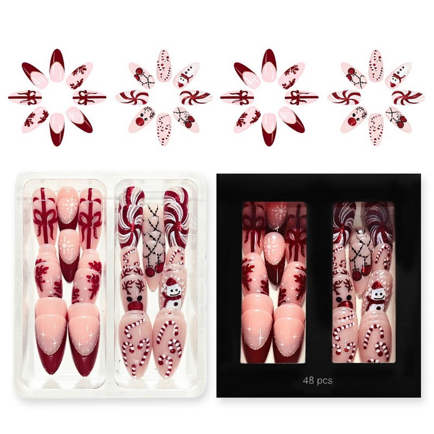 Christmas Press on Nails Kit 48 Pcs Medium Almond Fake Nails 2 Style Red French Tip False Nails with Snowflake Bow Snowman Cane Candy Designs Glossy Glue on Nail Winter Acrylic Nails for Women Girls