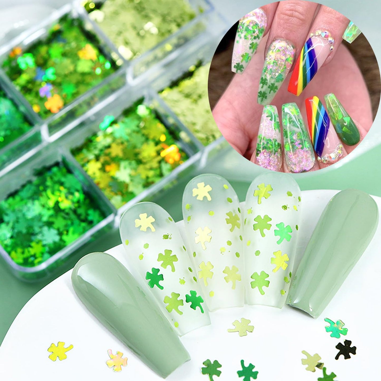 St. Patrick's Day Nail Art Glitters Kit - 3D Sparkling Four-Leaf Clover Design Green Shamrock Nail Glitter Flakes Irish Lucky Shaped Nail Sequins for Women Spring Manicure Decor DIY Accessories Crafts