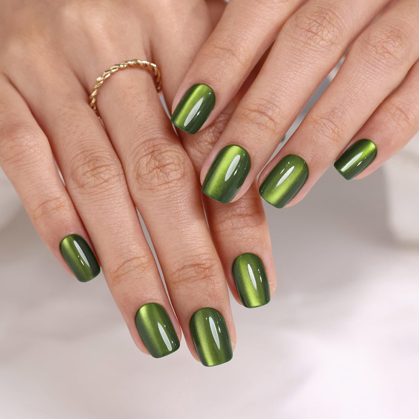 Cat Eye Press on Nails Green - GJZEZ Soft Gel Glossy Glass Cateye Square Magnetic Fake Nail Press ons, Elegant St. Patrick's Day Press On Nails for Women | 16 Sizes - 32 pcs Reusable Nail, Emerald