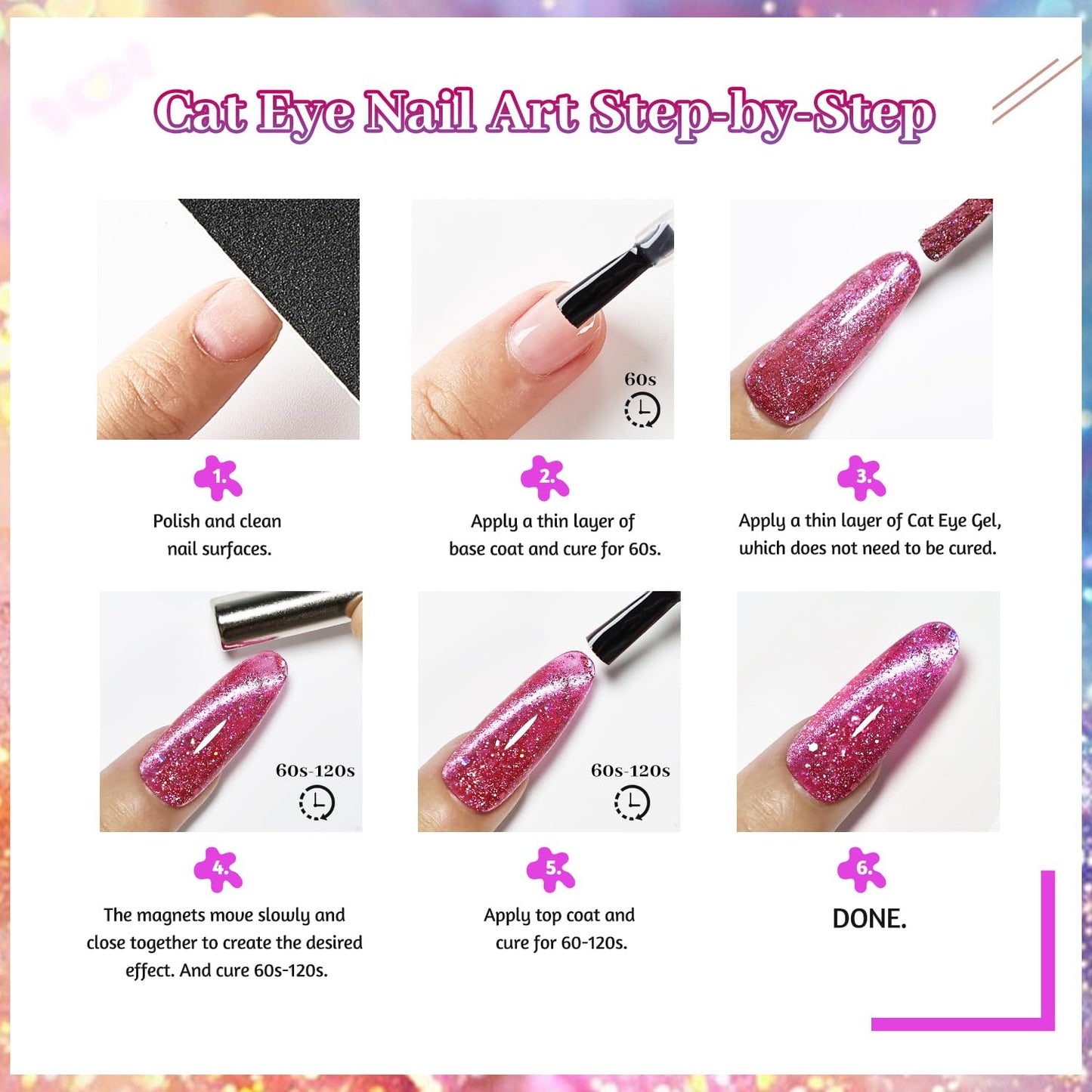 JODSONE 10 Colors Holographic Glitter Cat Eye Gel Nail Polish Set Silver Blue Purple with Base Coat &Top Coat & Magnet Stick Sparkling Stunning Fashion Women Gifts