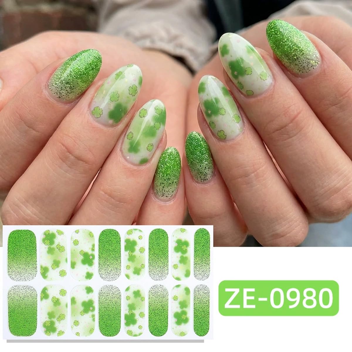 4 Sheets St Patrick’s Day Gel Nail Stickers for Nail Art Shamrock Gel Nail Polish Strips Green Clover with Glitter Design Green Irish Stickers Full Wrap Gel Nail Strips Sticker for Manicure Salon