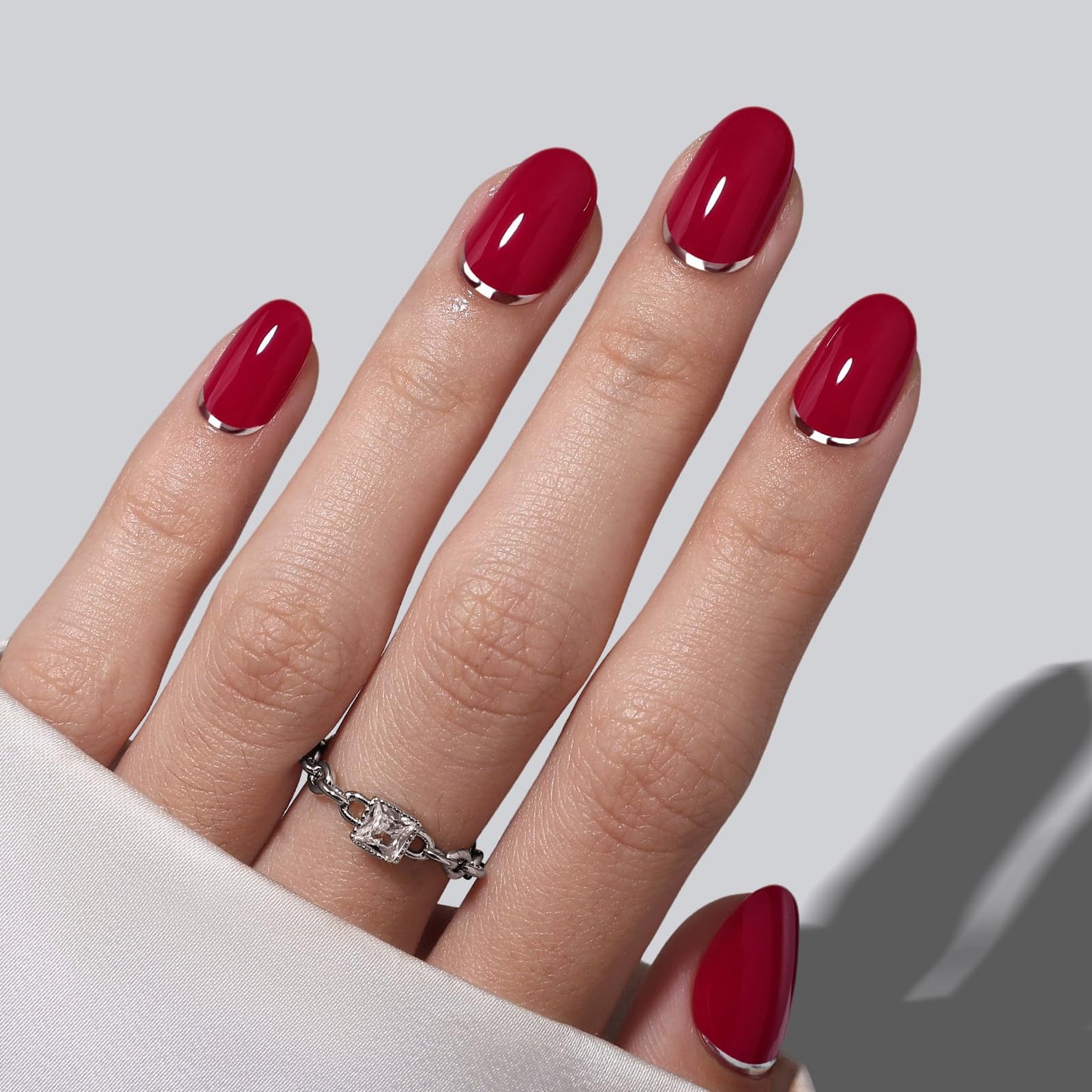 Red Press on Nails Oval - SHANGMENG Soft Gel 3D Silver Foil Short Press on Nails for Women, Seamless Fit Glue on Nails in 16 Sizes - 32 Reusable Fake Nails Kit with Glue, Crimson Curve